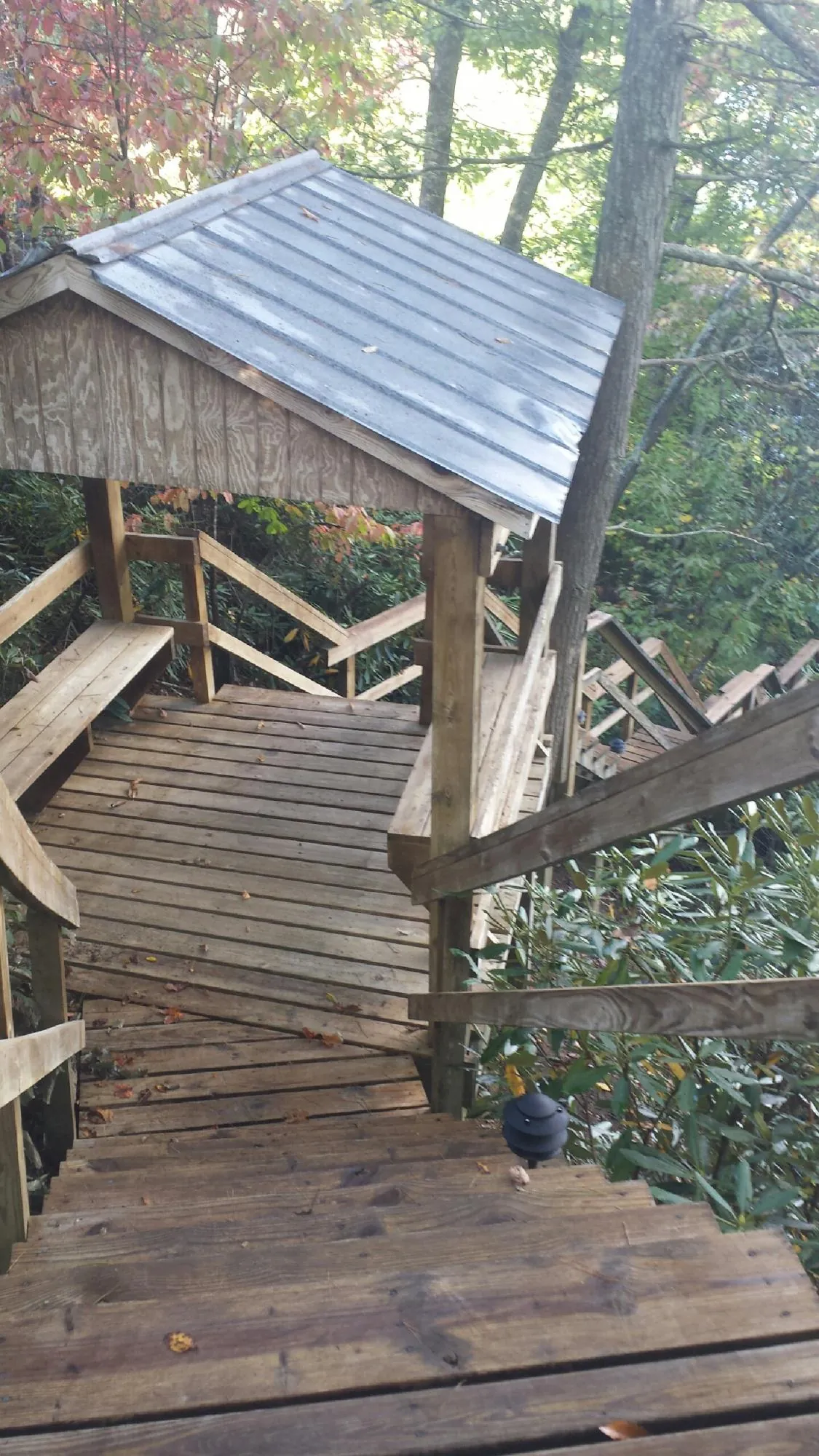 Metal roofed shelter over wooden steps on a wooded walkway — Skylight Repair & Installation work by our crew in Imnaha